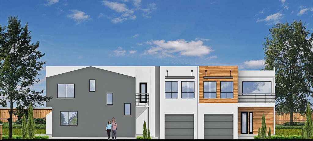 Architectural elevation drawing of a house showing windows, doors, roof slope, and façade detailing.