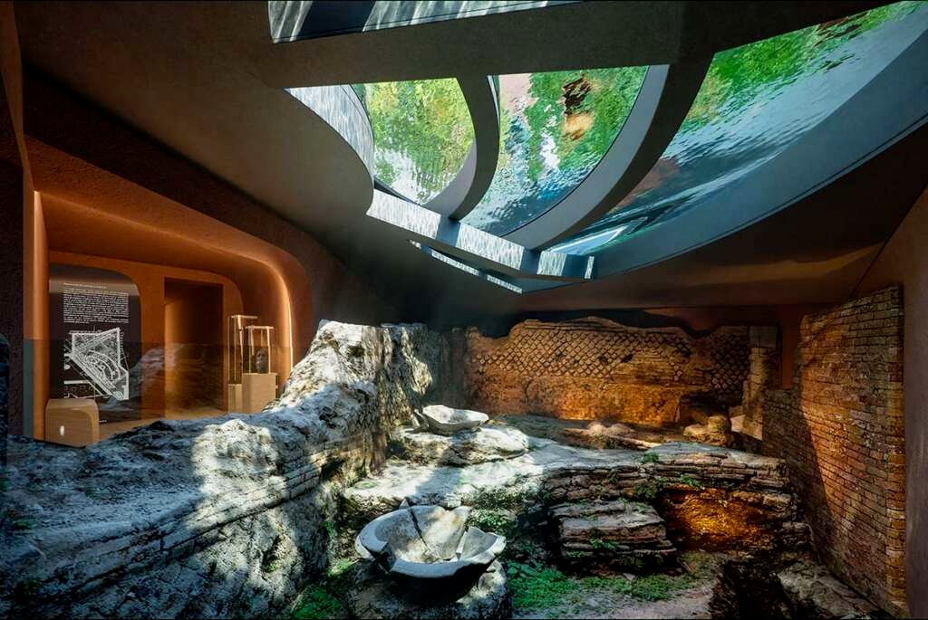 Glass-bottom pool revealing 2,000-year-old Roman mosaic workshop beneath Hotel Romeo Roma deisgned by Zaha Hadid Architects