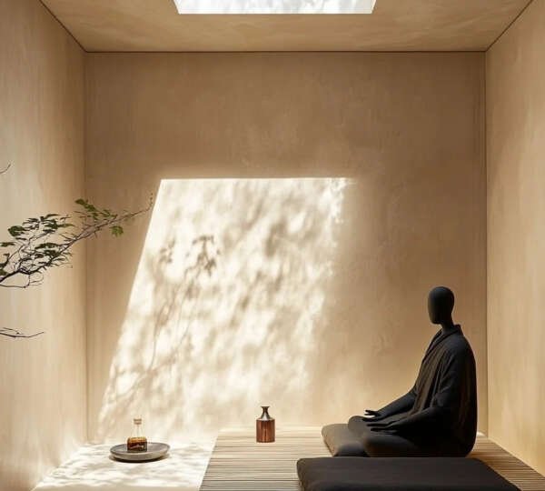 Minimal room with skylight - peaceful ambience with figure meditating