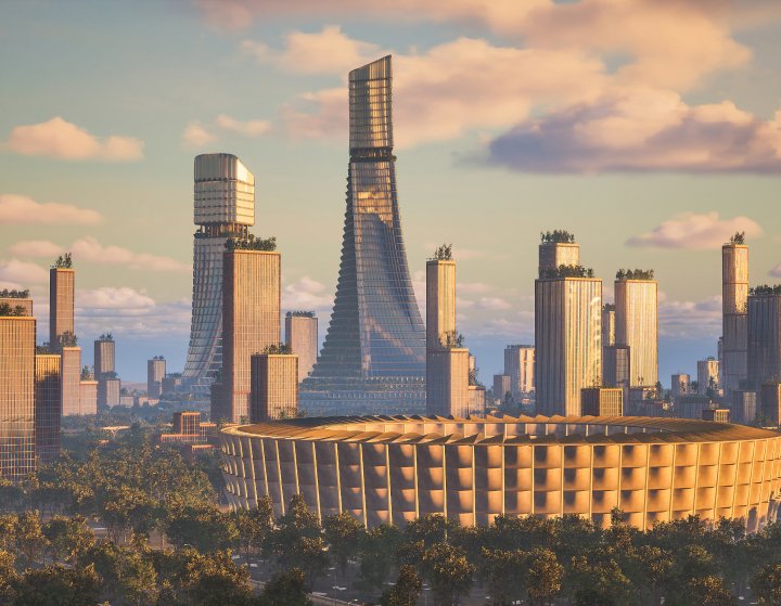 Conceptual image of KWIN City’s AI and Emerging Technologies Center with a modern, sustainable building design.