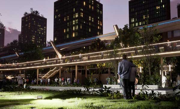 Conceptual image of KWIN City’s AI and Emerging Technologies Center with a modern, sustainable building design.