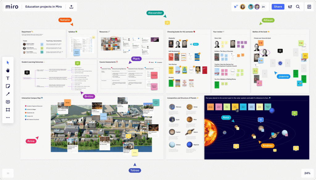 Miro is an online collaborative whiteboard where you can visually map out your thesis concept, research questions, and design evolution. 