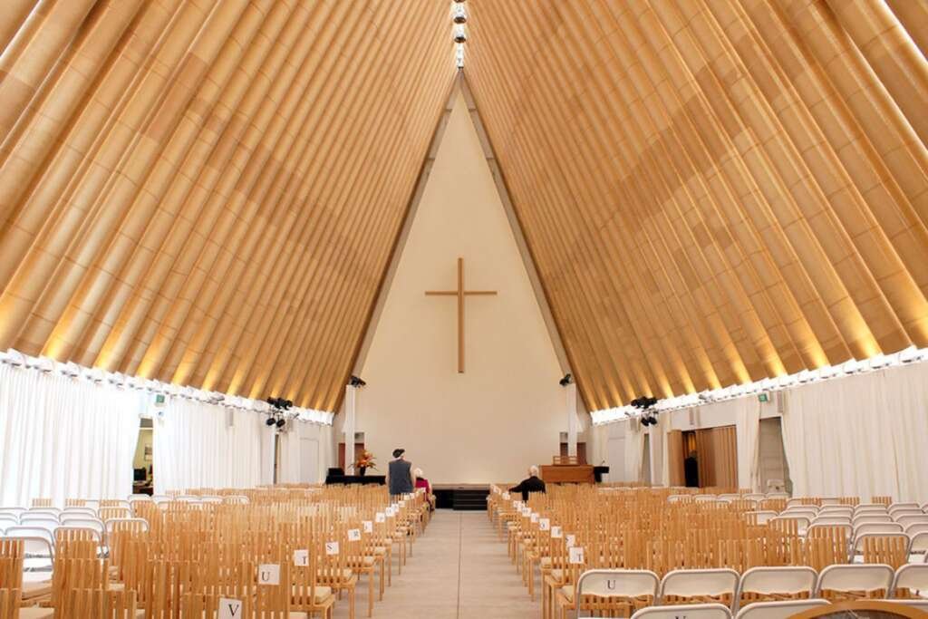 Paper Church by Shigeru Ban uses paper, cardboard, and recycled materials—not as gimmicks, but as solutions
