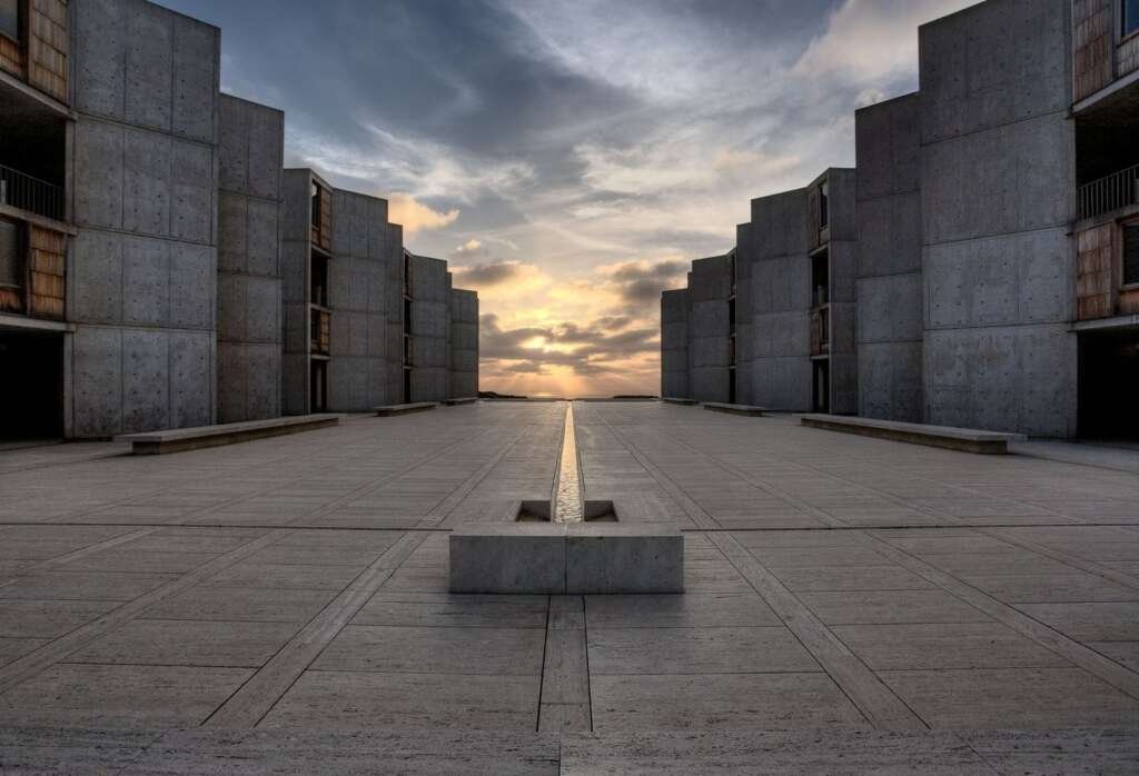 Salk Institute by Louis Kahn—just a thin stream of water, perfectly placed between two brutalist blocks, opening toward the horizon.