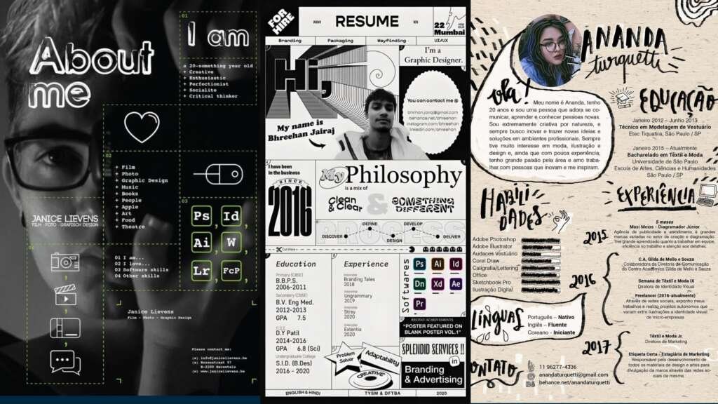 Resumes using bold font choices and typographic contrast for clarity and character.