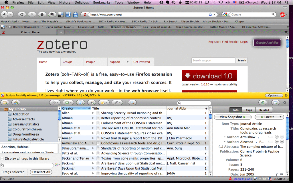 Zotero desktop interface showing a list of research papers and citation folders