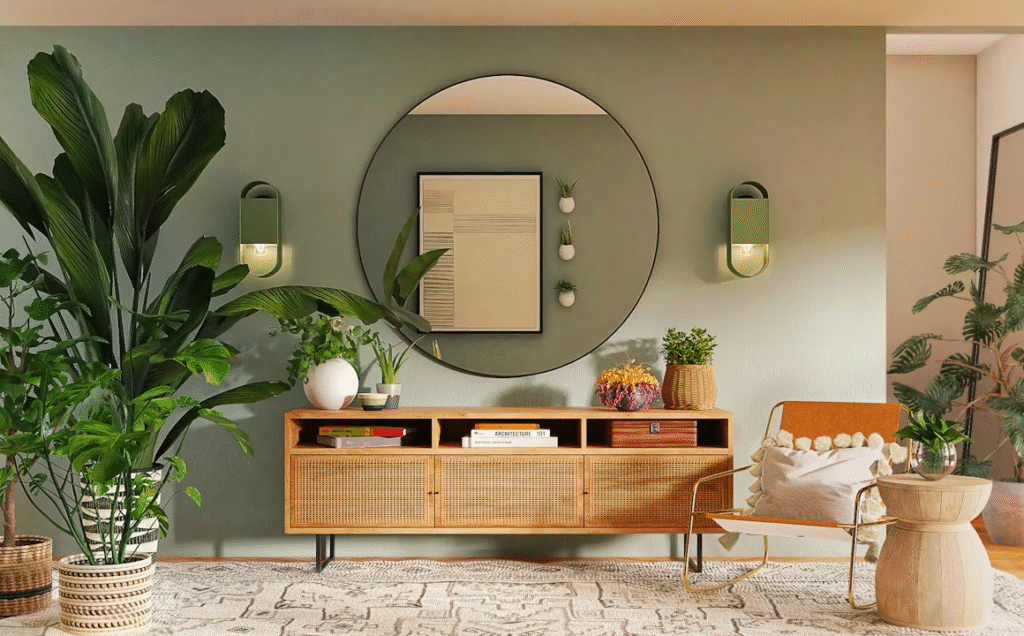 Green accent wall with plants, brown wooden table and chairs