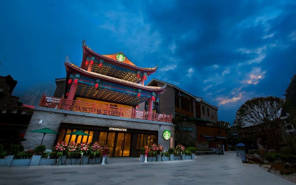 Starbucks YangShuo Guilin with glass walls and river view