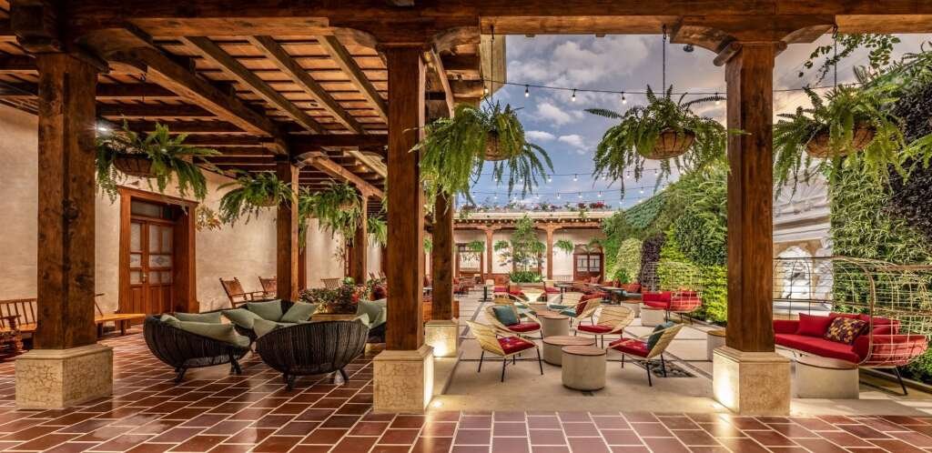 Starbucks Antigua Guatemala with colorful stucco walls and courtyard seating