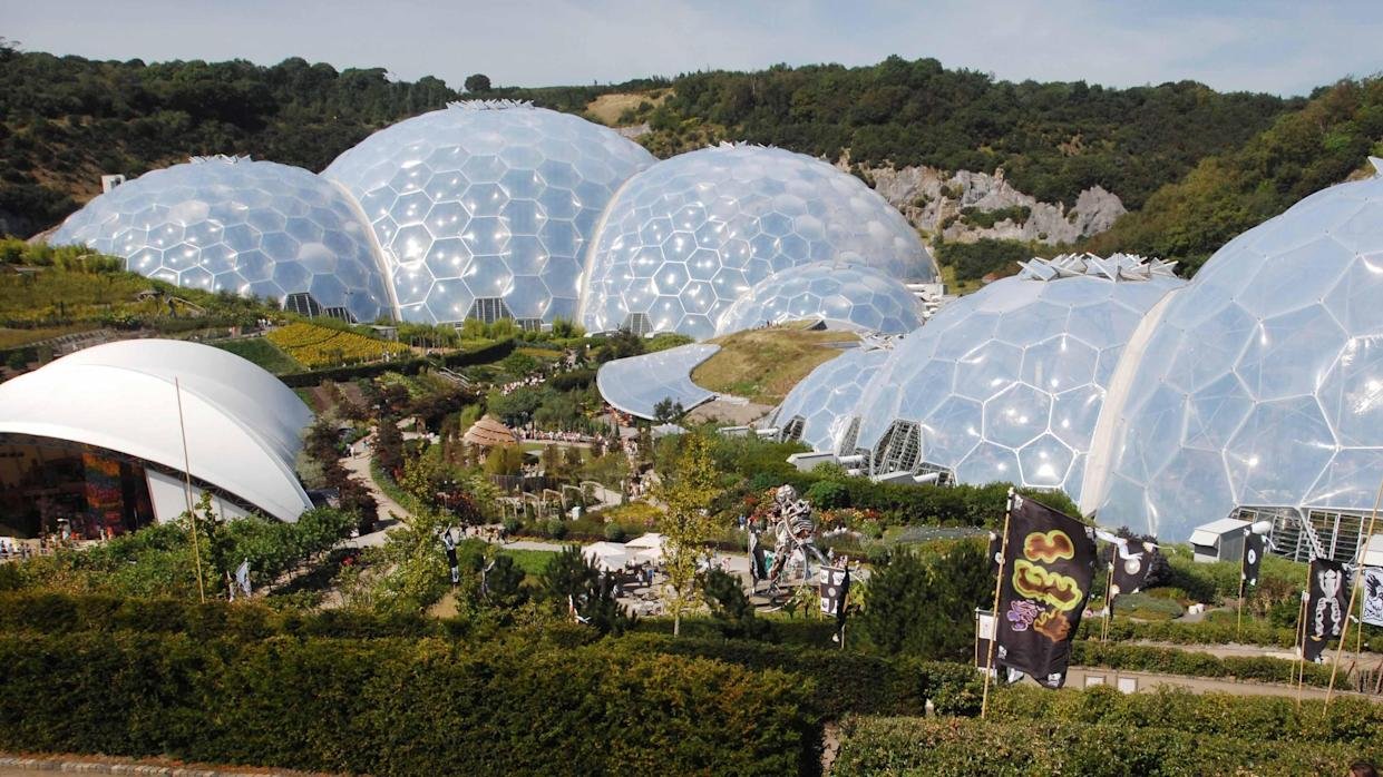 Biomes of the Eden Project, a sustainable design in Cornwall, UK, utilizing natural and sustainable technologies to create an ecological haven for plants