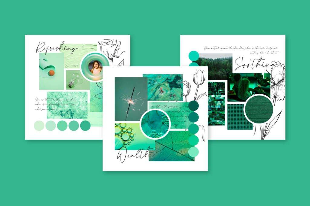 A set of three green-themed moodboards featuring textures, photos, color palettes, and floral sketches with words like Refreshing, Wealth, and Soothing.