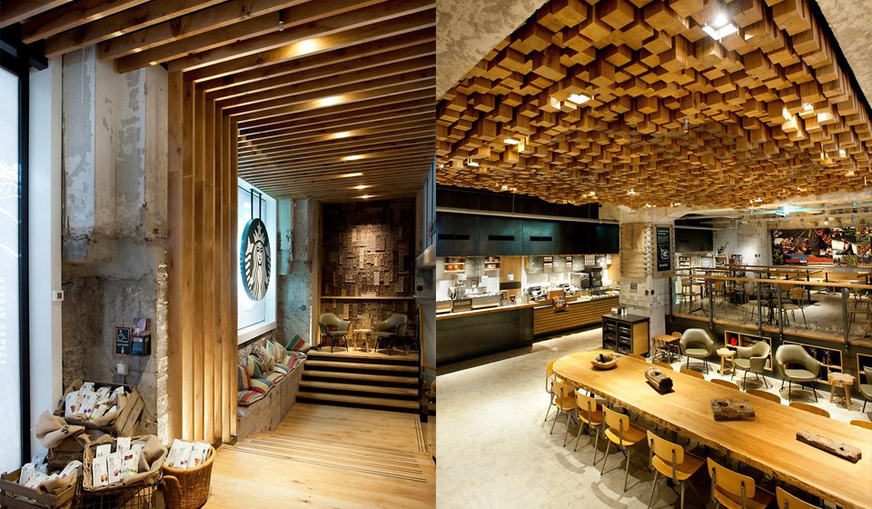 Amsterdam Starbucks in a converted church with stained glass and arched ceilings