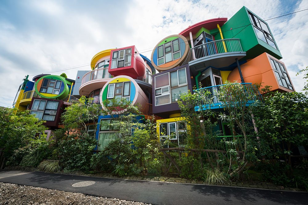 exterior view of colourful block facade of the Reversible Destiny Lofts, Tokyo