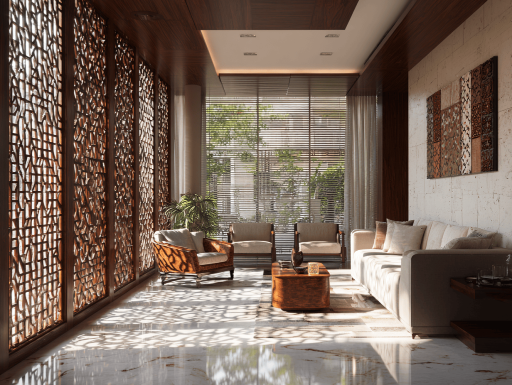 A transitional living room with a full-length wall of intricate wooden jaali work, casting decorative shadows onto a glossy marble-patterned floor.