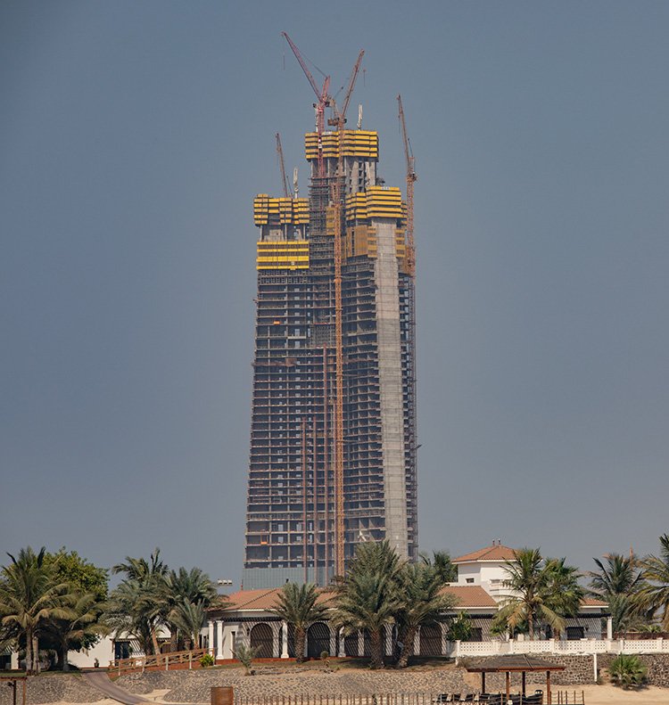 Construction teams are diligently working on assembling the framework that will eventually reach the world’s tallest building height.