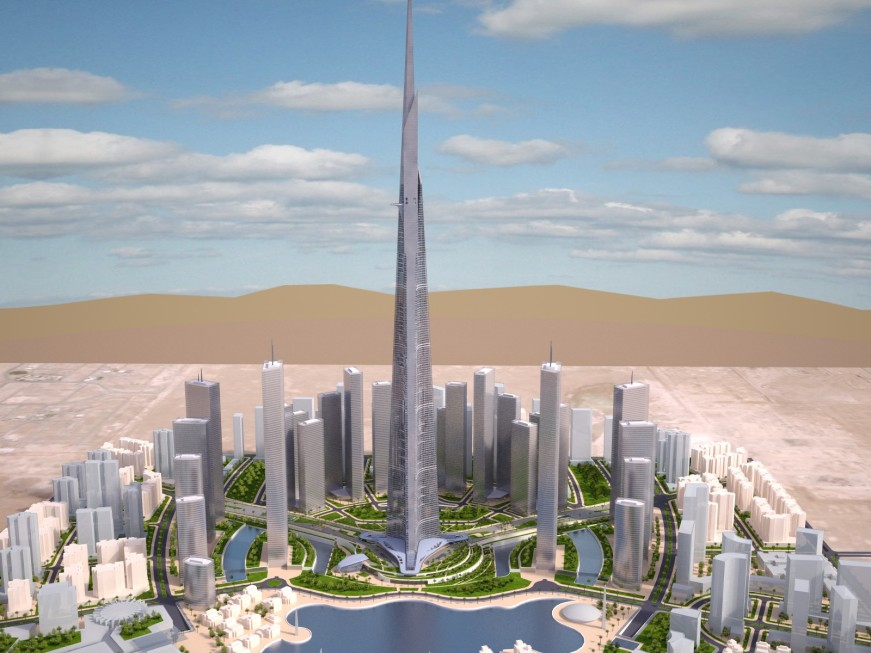 An aerial view of the Jeddah Tower’s construction site, showcasing the surrounding infrastructure development for Kingdom City.