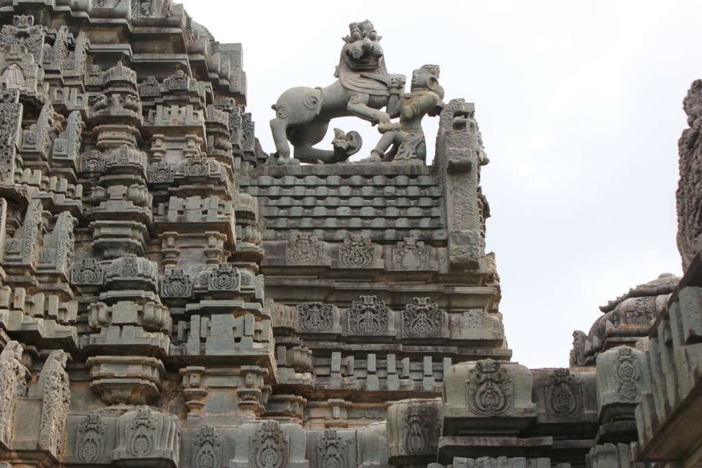 Kedareshvara Temple in Bankapura, an excellent example of Hoysala art, with depictions of the royal family and dynastic symbols intricately carved into the walls.