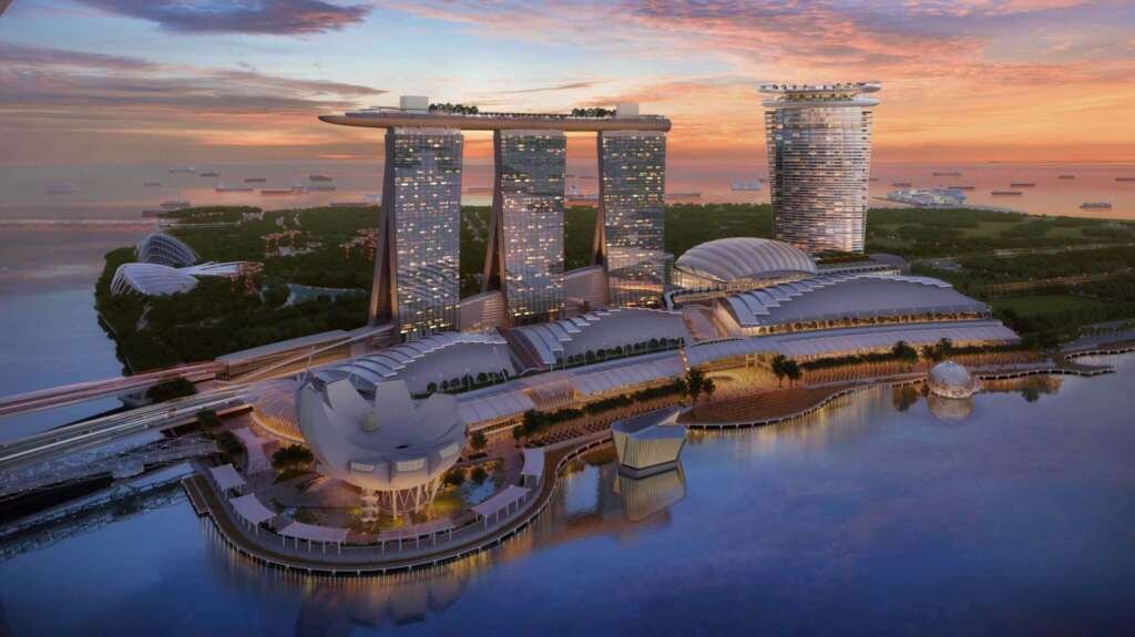 Artist's rendering of the Marina Bay Sands expansion, showcasing the sleek new design elements that will further elevate Singapore's skyline.