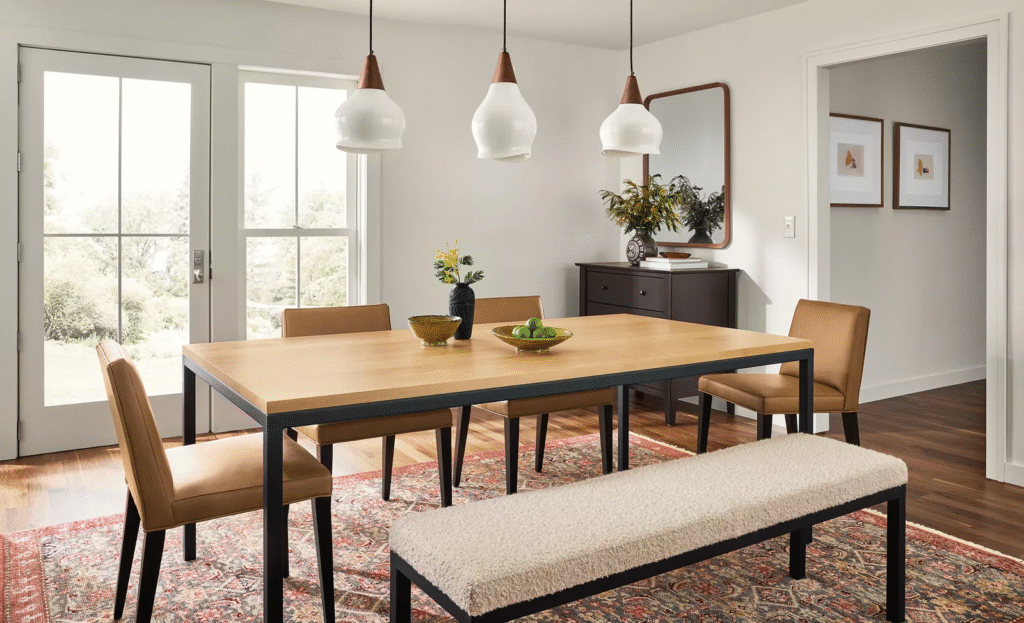 A transitional dining room featuring a Parsons-style table with a light wood top and a dark metal base, surrounded by tan chairs and a bouclé bench on a patterned rug.