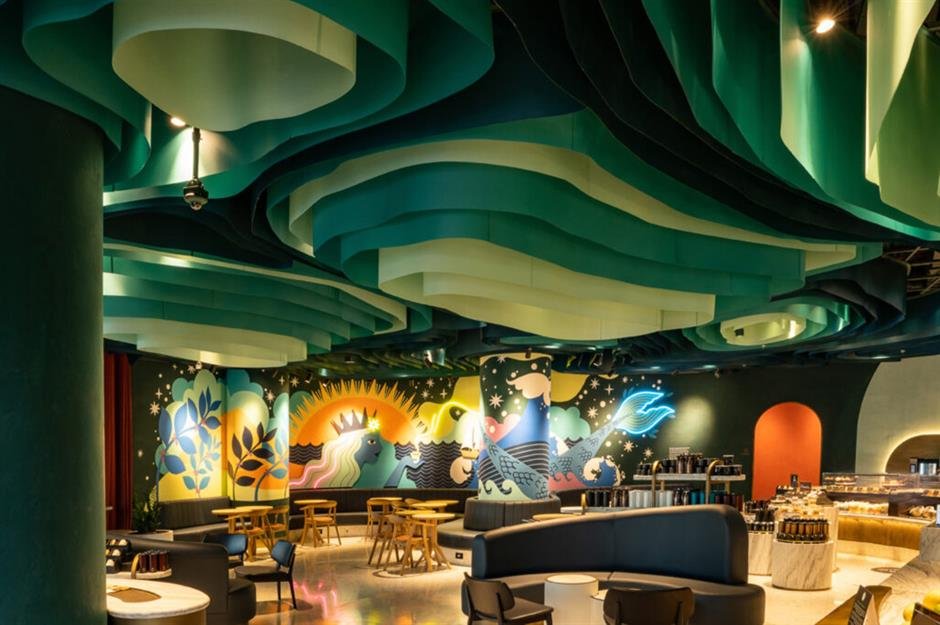 The interiors of Starbucks Bluewater Reserve UAE with sleek interiors, geometric patterns, and terrace