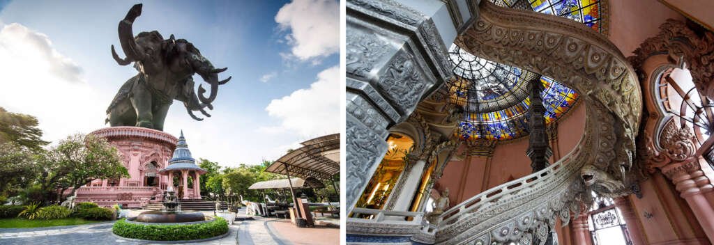 composite image of exterior and interior of colourful erawan museum with 3-headed elephant sculpture at the top
