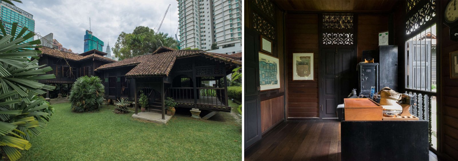 composite image of exterior & interior of traditional wooden Malay home