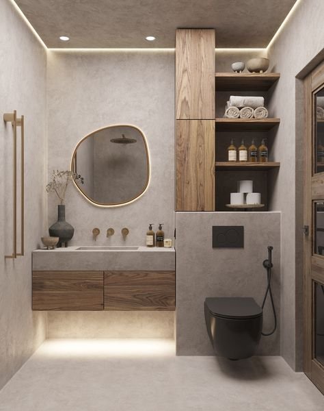 bathroom with a grey and brown palette, clean silhouettes and wall mounted fixtures