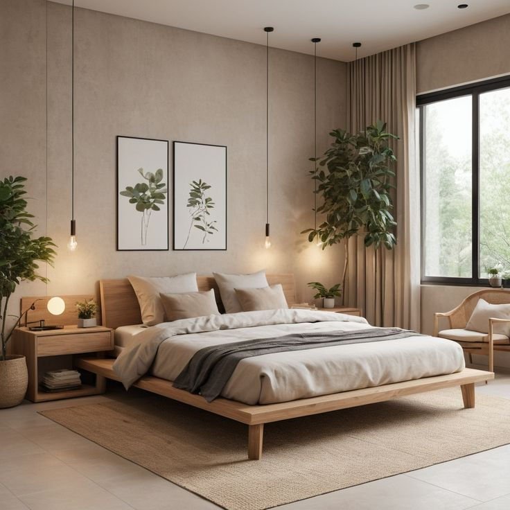 bedroom with a low platform bed, side tables, earthy textured wallpaper and uncluttered surroundings