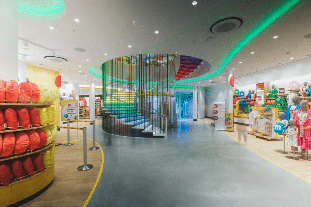 A bright and spacious interior of the M&M's World store in Berlin, featuring a vibrant, spiral staircase with multi-coloured risers and merchandise displays.