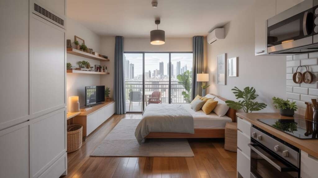 A compact, modern studio apartment with a wood floor, large windows offering a city view, and defined areas for a bed, kitchen, and living space.