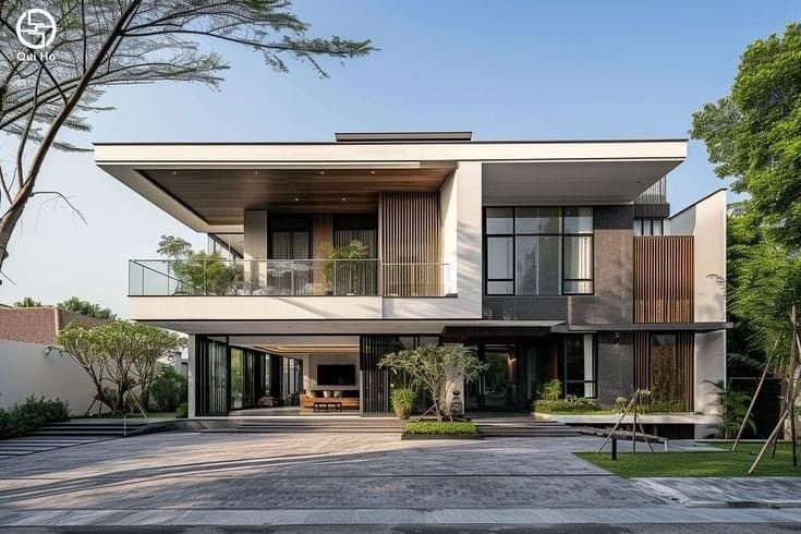 A modern villa with flat roof, expansive glass walls, and landscaped outdoor spaces.