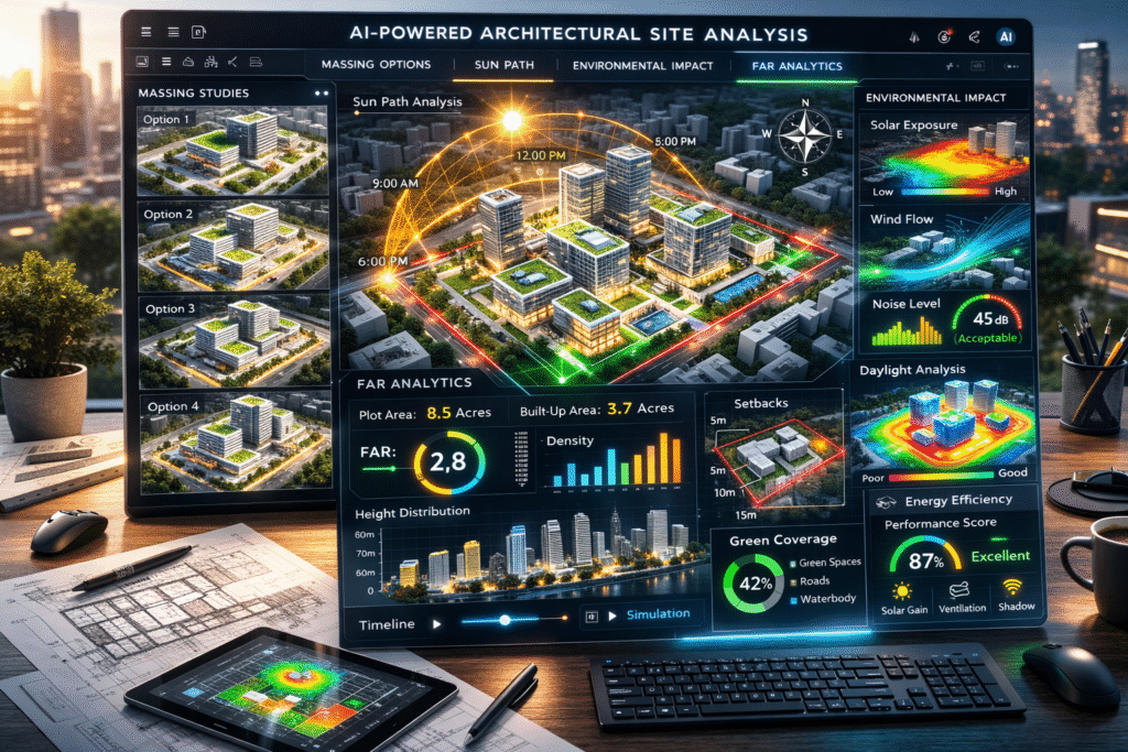 AI-powered architectural site analysis dashboard showing massing studies and environmental simulations in 2026