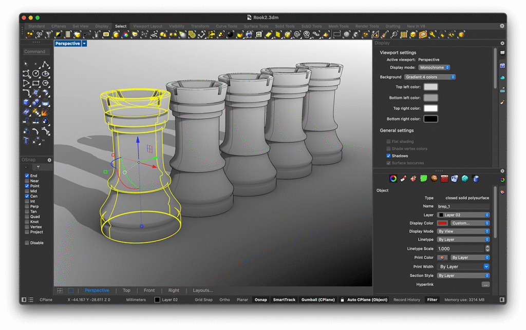 Rhinoceros 3D modeling interface showing organic architectural geometry in a shaded viewport