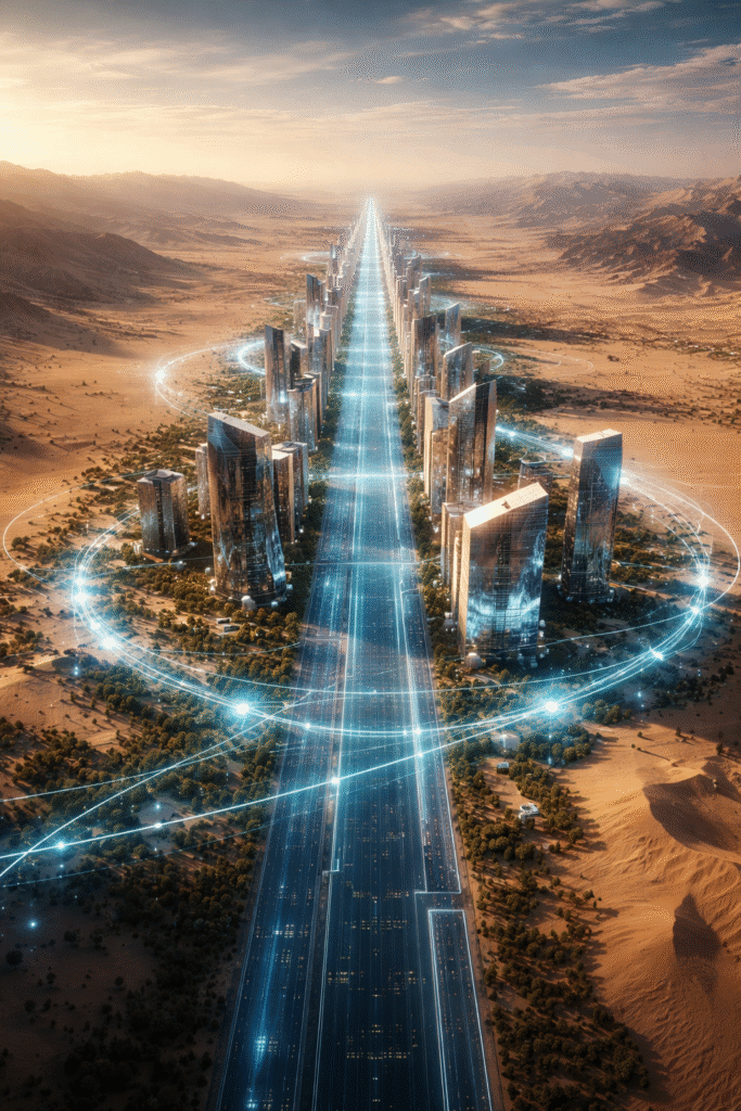 Futuristic AI data center campus in Saudi Arabia desert powered by solar energy and advanced cooling infrastructure