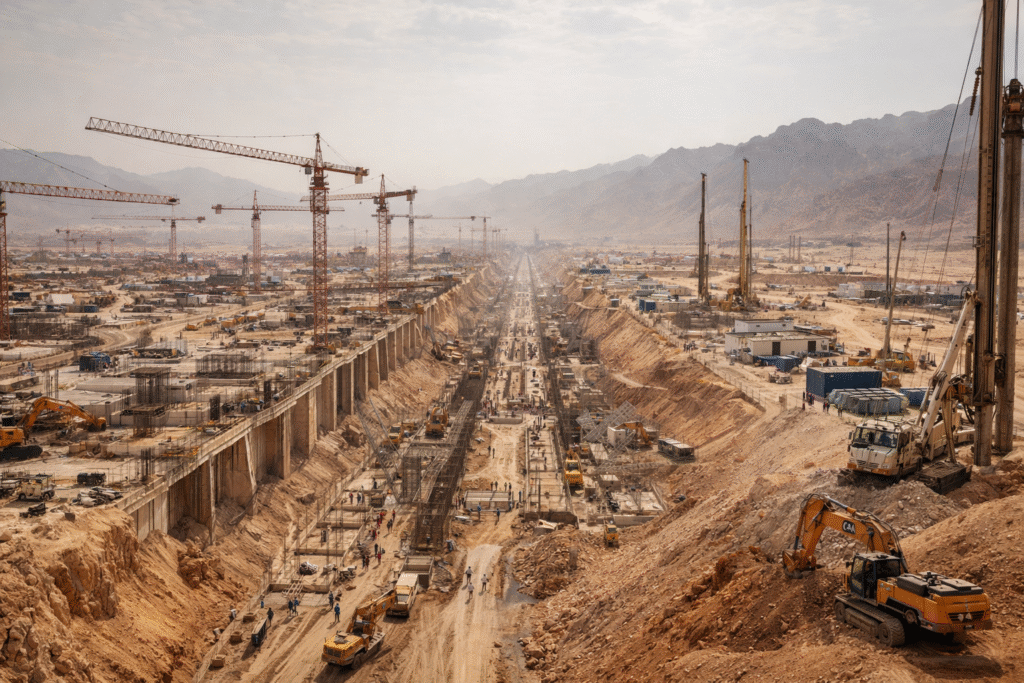 Massive construction works underway for The Line megaproject in NEOM Saudi Arabia
