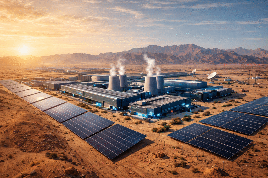 Futuristic AI data center campus in the Saudi desert powered by solar infrastructure