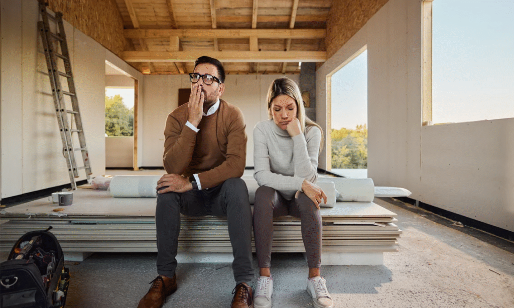 the couple is lost in the chaos of home renovation.
