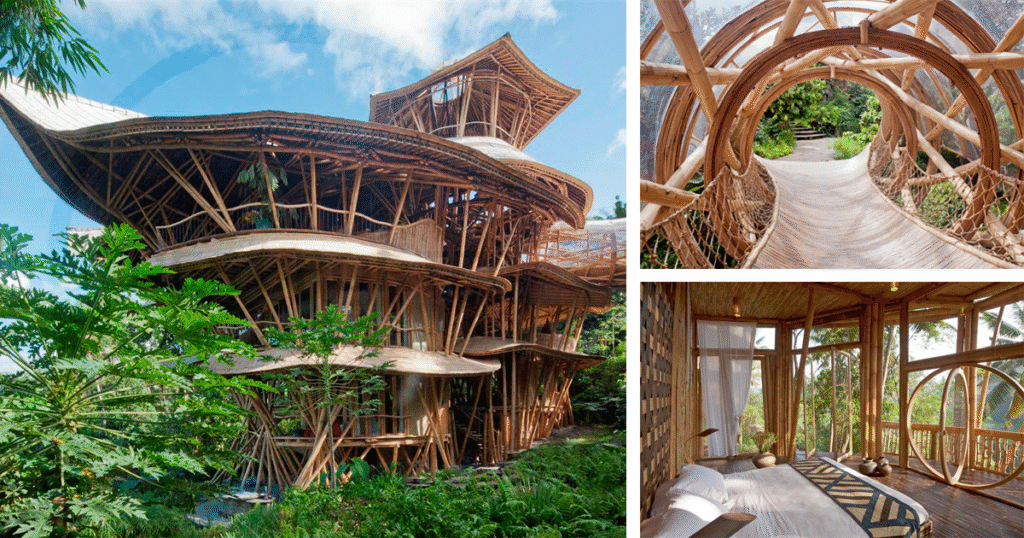 A modern sustainable structure made of bamboo for an eco-friendly living environment.