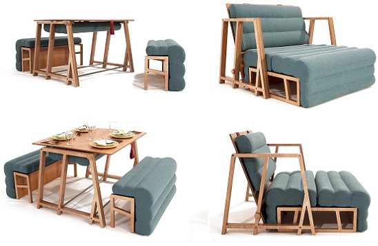 A compact studio apartment featuring multifunctional furniture, such as a foldable bed and a space-saving dining table.