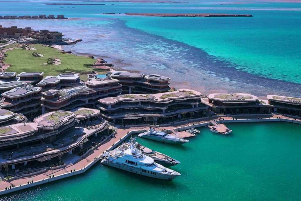 modern hotel architecture on sindalah island with red sea backdrop