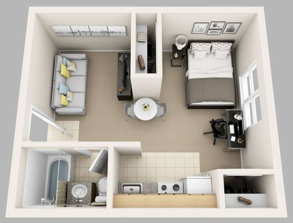 Floor plan of a studio apartment with designated areas for living, kitchen, and sleeping, maximizing space efficiency