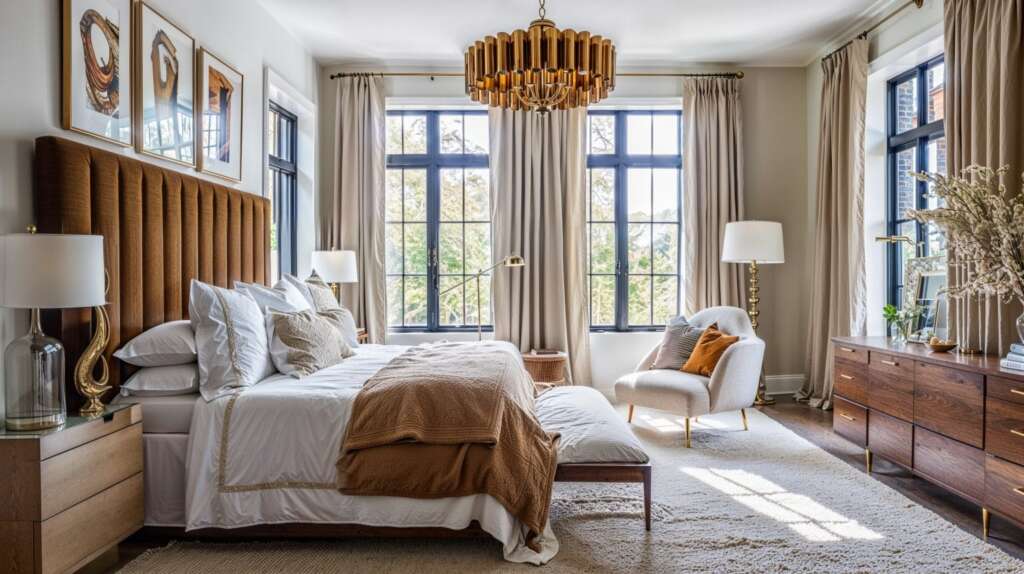 The Global Language Of Transitional Design: Why It Works Anywhere 7 an elegant, cosy transitional bedroom with a large bed featuring a tall, ribbed brown headboard, a unique gold chandelier, and a plush white armchair on a textured rug.