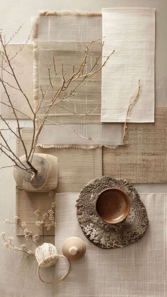 tablescape with beige and white fabrics and cups