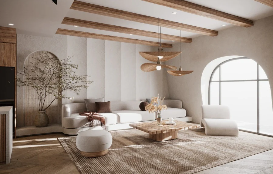 interiors of a living room in earthy palette