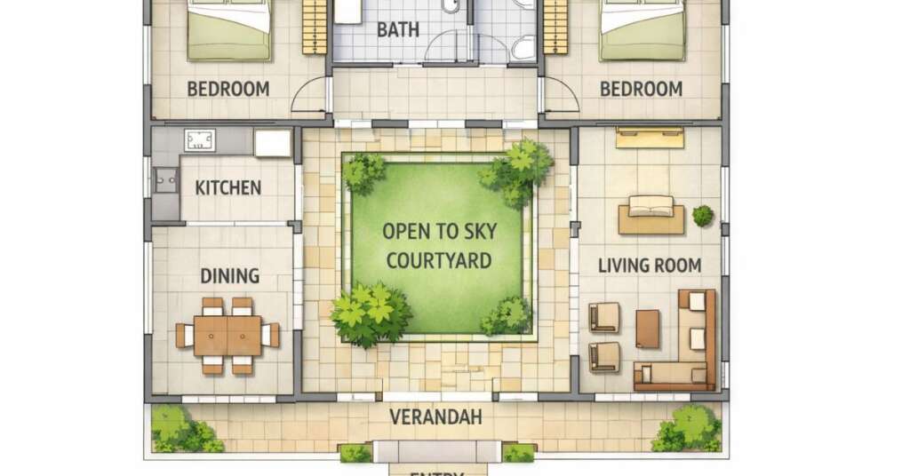 Courtyard House Design: Key Benefits, Planning Tips &Amp; Climate-Smart Examples 1 courtyard house plan showing central open-to-sky courtyard layout