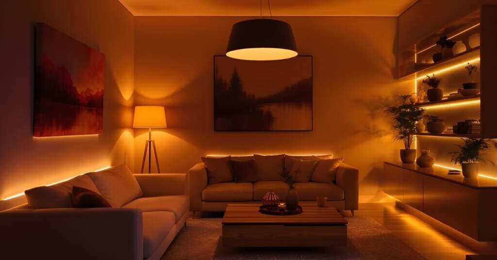 warm ambient lighting in a stylish apartment interior with layered light fixtures.