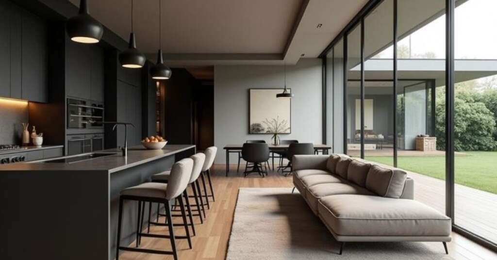 minimal luxury apartment with sleek furniture and open spatial layout.