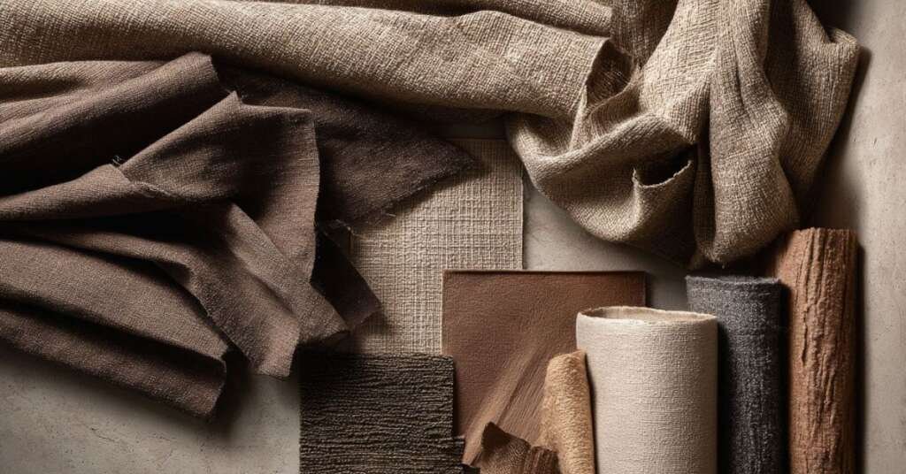 close-up of luxury interior textures including linen, wood, stone and soft fabrics.

