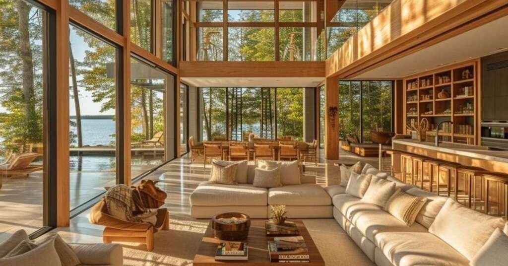 neutral-toned japandi living room with warm wooden furniture and soft natural light.