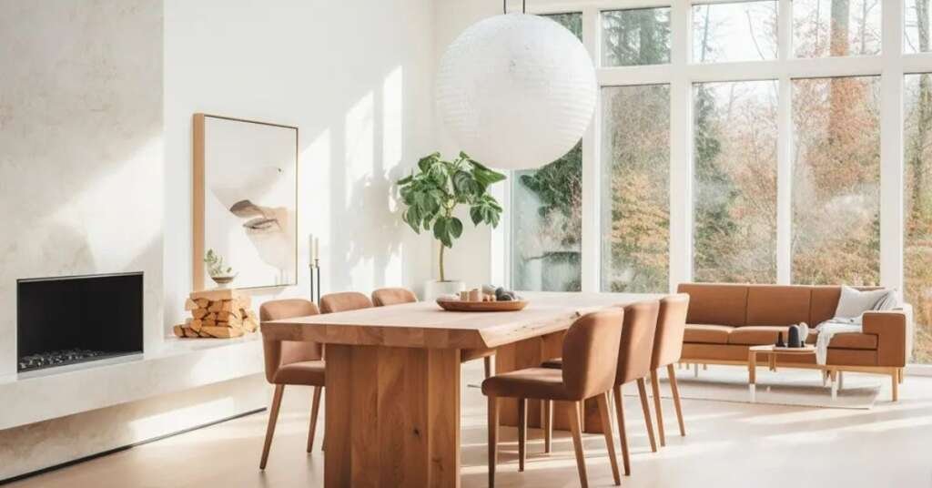 minimal japandi dining space with low wooden furniture and soft lighting.